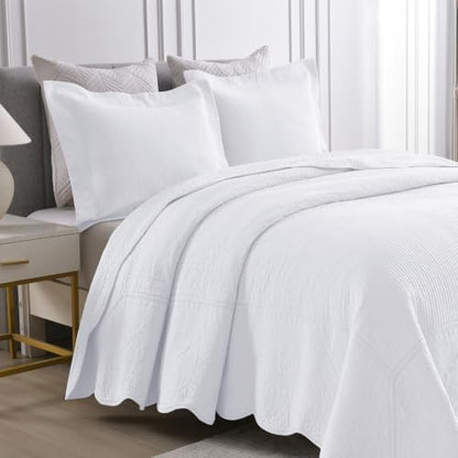 MarCielo 3-Piece 100% Cotton Oversized Bedspread Lightweight Quilt Coverlet Embroidery Farmhouse Bedding Set (TG Bright White, Oversized Queen (100"x106"))
