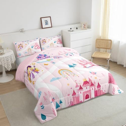 Feelyou Kids Princess Duvet Insert King Size, Girls Dreamy Magic Castle Comforter Set Boys Girls for Cartoon Rainbow Bedding Set Fairytale Teens Bedroom Decor with 2 Pillow Case
