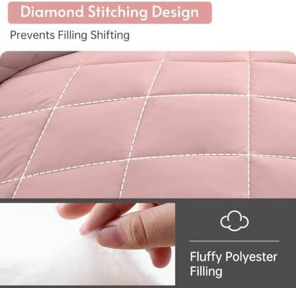 MUXHOMO 7 Pieces Oversized King Comforter Set, Reversible Bed in a Bag Oversized King Size, All Season Bedding Set with Comforter, Flat Sheet, Fitted Sheet, Pillowcases & Shams, Pink & Light Grey