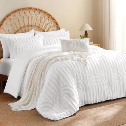 MR&HM Boho Comforter Set King 7pcs, White Western Arch Tufted Bedding Set