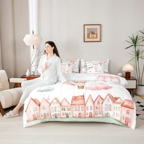 Erosebridal Cartoon Aircraft Queen 7 Pcs Bedding Set, Pink Airplane Comforter Set with Sheets for Girls Kids Youth Women Bedroom, Cute Cat Pink Hot Air Balloon Bed Sets, Colorful Cloud Bed in A Bag