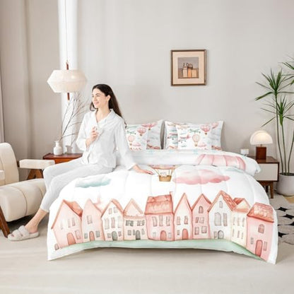 Erosebridal Cartoon Aircraft Queen 7 Pcs Bedding Set, Pink Airplane Comforter Set with Sheets for Girls Kids Youth Women Bedroom, Cute Cat Pink Hot Air Balloon Bed Sets, Colorful Cloud Bed in A Bag