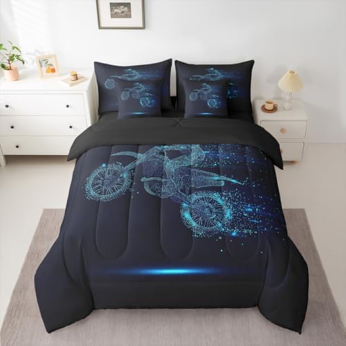 Erosebridal Boy Dirt Bike Comforter Set Motocross Rider Bed in A Bag Full Size 7 Pieces Motorbike Sport Game Bed Set Room Decor Motorcycle Bedding with Sheets