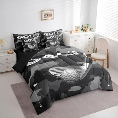 Erosebridal Golf Bedding - Sports Ball Pattern King Comforter Set with Sheets, Camo Golf Print Kids Comforter Sets for Boys Girls 7 Pieces Bed Set Bedroom Decor