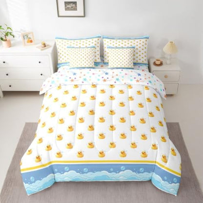 Erosebridal Cartoon Yellow Ducks King Bed in A Bag 7 Piece Kawaii Bubble Rubber Ducks Comforter Set with Sheets Lovely Farmhouse Animal Bedding Sets for Kids Adults,Cute Pet Animal Bed Set