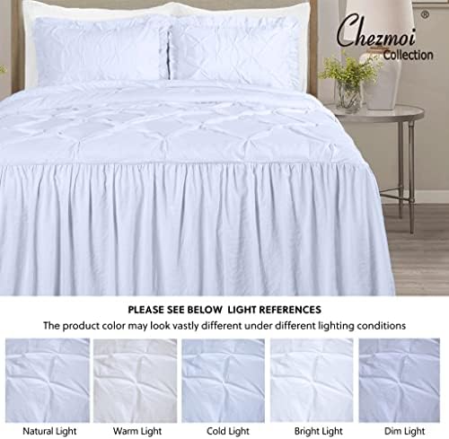 Chezmoi Collection Aria 3-Piece Pinch Pleat Pintuck Ruffle Skirt Bedspread Set - French Country Chic Farmhouse - King, White