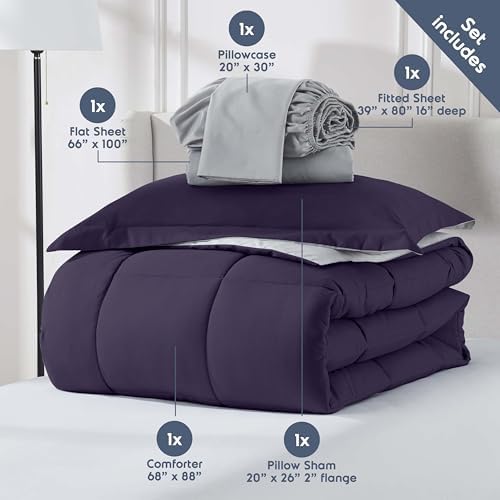 Nestl 7 Piece Twin XL Comforter Set – Purple Reversible Bed in a Bag – Complete Twin XL Size Bedding Set with Sheets, Set of 2 Down Alternative Pillows, Pillowcase and Sham