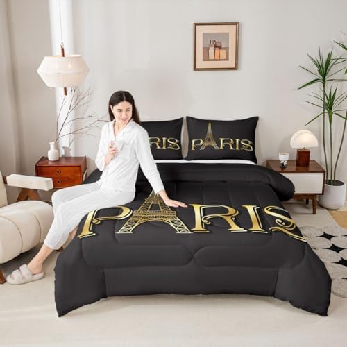 Erosebridal Eiffel Tower Comforter Set, City Building of Paris Bedding Set Queen Size, Gold Black Duvet Sets for Kids Boys Girls Teens Bedroom, Soft Microfiber Bedding Comforters with 2 Pillow Cases