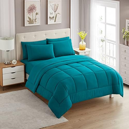 Sweet Home Collection 7 Piece Comforter Set Bag Solid Color All Season Soft Down Alternative Blanket & Luxurious Microfiber Bed Sheets, Teal, Queen