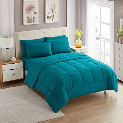 Sweet Home Collection 7 Piece Comforter Set Bag Solid Color All Season Soft Down Alternative Blanket & Luxurious Microfiber Bed Sheets, Teal, Queen