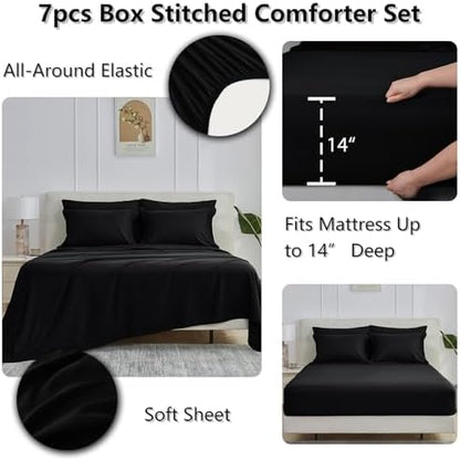 CozyLux Super King Comforter Set, 7-Piece Bed in a Bag, Black
