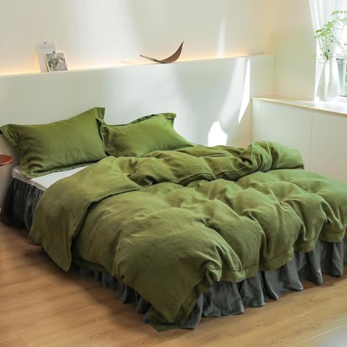 Simple&Opulence 100% French Flax Linen Duvet Cover Set with Embroidery Washed - 3 Pieces (1 Duvet Cover with 2 Pillow Shams) with Button Closure Soft Breathable Farmhouse - Olive, King Size