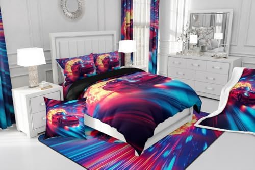 Erosebridal Boys Race Car Bedding Set Toddler,Cool Racing Car Comforter for Kids Boys Teens Toddler Red Blue Race Car Room Decor,Ombre Geometric Striped Duvet Comforter,Soft Lightweight & All Season
