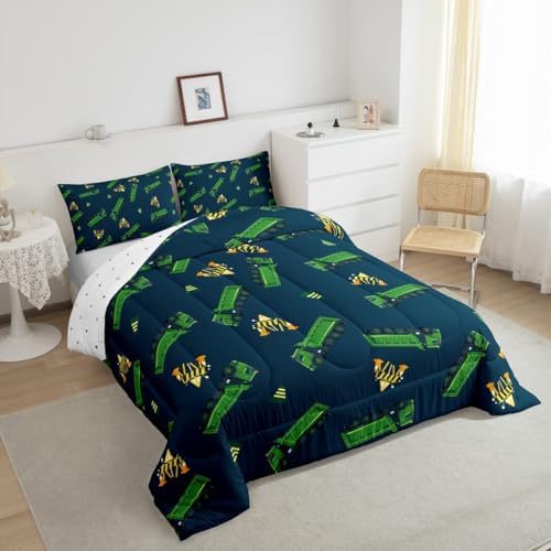 Feelyou Garbage Truck Toy Print Warm Comforter Setfor Kids Boys, Green Garbage Truck Bedding Set Cartoon Equipment Comforter Navy Blue Decor All Season Quilt Room 3Pcs King Size Boys