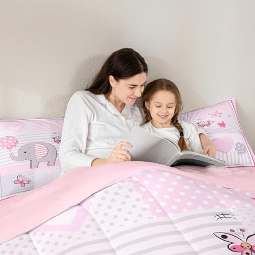 Balloon and Butterfly Children Comforter Set,Pink Gray White Bedding Set for Women Girls,Adults Soft Cute Elephant Comforter,Kids Wild Animals Quilted Duvet Set Bedroom Collection King Size 3Pcs