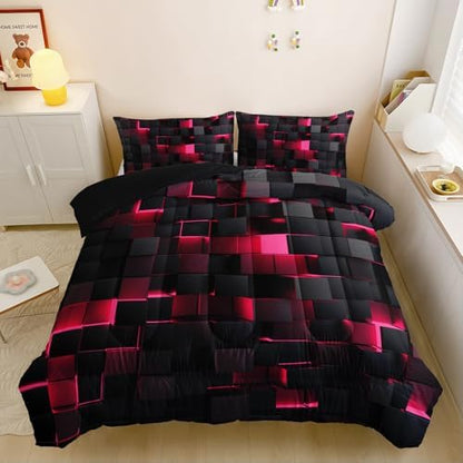 Nttopship Neon Pink Black Comforter Set Twin Geometric Kids Bedding Set,3 PCS Geometry Honeycomb Bed Set Modern Quilt Set 1 Comforter 2 Pillow Cases Cool Room Decor All Season B-Side Black