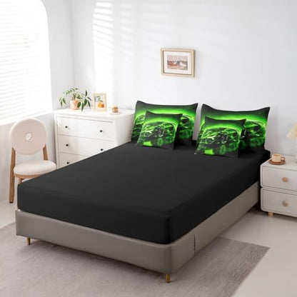 Feelyou Kids Boys Race Car 7 Piece Bedding Set Queen Size Green Sports Car Comforter Set with Sheets for Kids Teens Boys Girls Extreme Sports Theme Bed in a Bag Speed Luxury Car Bed Set