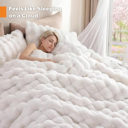 YIKUSH Queen Faux Fur Soft Comforter Set, Fluffy White Rabbit Fur Comforter
