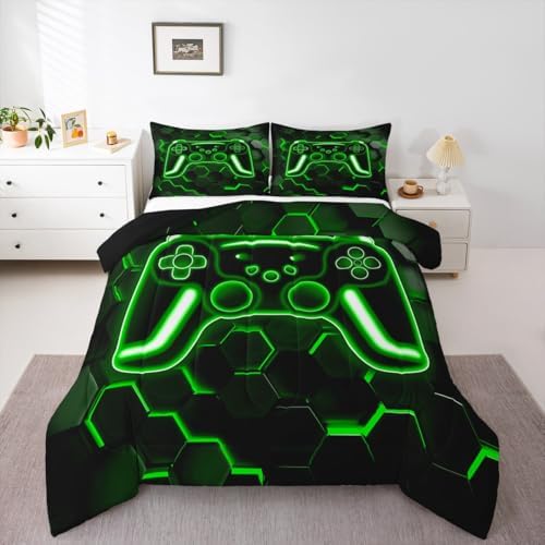 Erosebridal Gamer Comforter Set Neon Honeycomb Gaming Girl Toddler Bedding Set, Game Boy Games Comforter Green Hexagon Lights Quilt,Boys Bedroom Decor