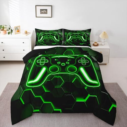 Erosebridal Gamer Comforter Set Neon Honeycomb Gaming Girl Toddler Bedding Set, Game Boy Games Comforter Green Hexagon Lights Quilt,Boys Bedroom Decor