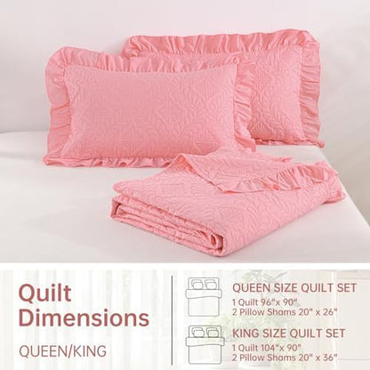 DJY Pink Quilt Set Twin Size Dorm Bedding, Ruffled Bedspreads