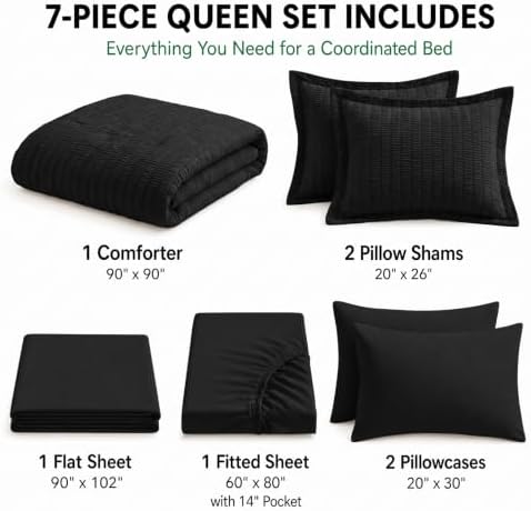 HIMEET Queen Comforter Set, 7-Piece Seersucker Bed in a Bag, Black