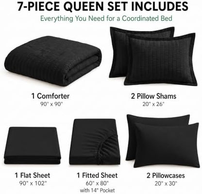 HIMEET Queen Comforter Set, 7-Piece Seersucker Bed in a Bag, Black
