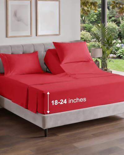 Flex Top Split Head King Sheet Set - 4 Piece Extra Deep Sheets - Red