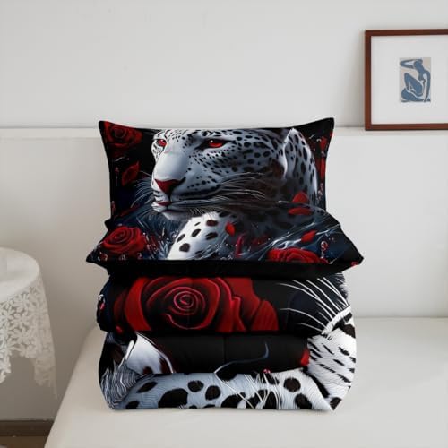 jejeloiu Leopard Comforter Set Toddler Size Kids Cheetah Print Rose Bedding Set for Boys Girls Teens Wild Animal Duvet Breathable Safari Quilt Bedroom Decor,1 Comforter with 1 Pillowcase