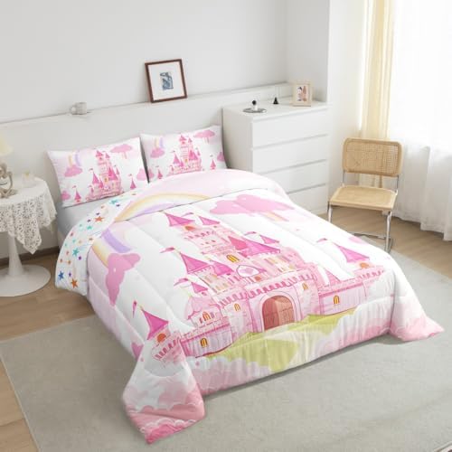 Feelyou Kids Twin Pink Castle Comforter Set Boys Rainbow Castle Bedding Set Girls Princess Comforter Fairy Tales Duvet Set Girls Bed Set 2Pcs