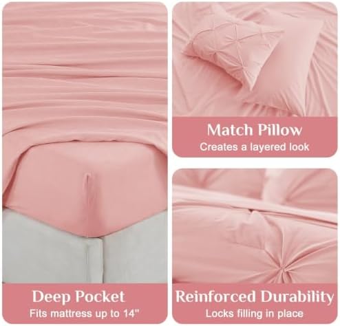 JOLLYVOGUE California King Comforter Set 7 Pieces - Bed in a Bag Cal King for All Season, Pintuck Bedding Comforter Sets with Comforter, Flat Sheet, Fitted Sheet and Pillowcases & Shams, Pink