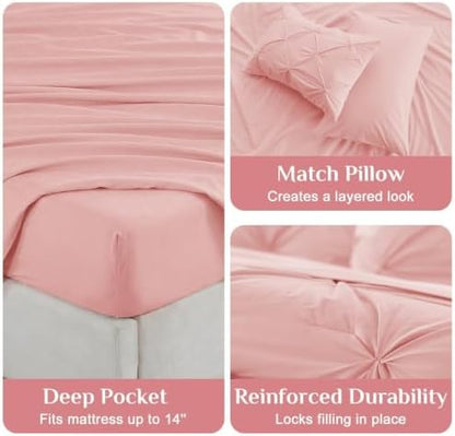JOLLYVOGUE California King Comforter Set 7 Pieces - Bed in a Bag Cal King for All Season, Pintuck Bedding Comforter Sets with Comforter, Flat Sheet, Fitted Sheet and Pillowcases & Shams, Pink