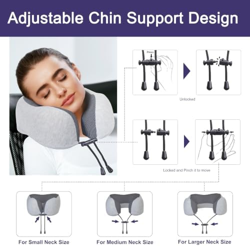napfun Neck Pillow for Traveling, Upgraded Travel Neck Pillow for Airplane 100% Pure Memory Foam Travel Pillow for Flight Headrest Sleep, Portable Plane Accessories, Light Grey