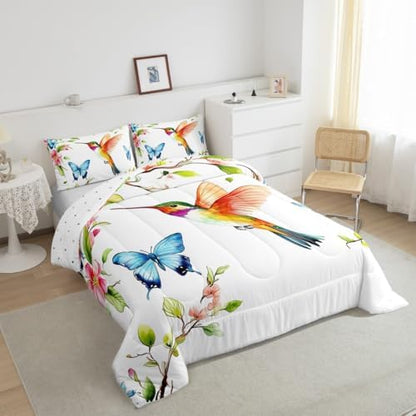 jejeloiu Hummingbird Comforter Set Toddler Size Kids Tropical Birds Bedding Set Boys Girls Flowers Leaves Spring Duvet Breathable Botanical Floral Quilt Bedroom Decor,1 Comforter with 1 Pillowcase