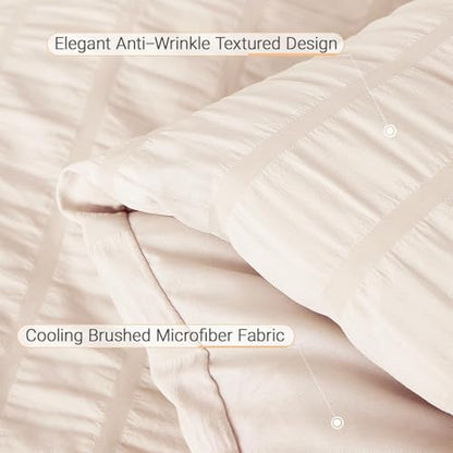MUXHOMO 7 Pieces Oversized Queen Comforter Set, Seersucker Bed in a Bag Oversized Queen Size, All Season Luxury Bedding Set with Comforter, Flat Sheet, Fitted Sheet, Pillowcases & Shams, Beige