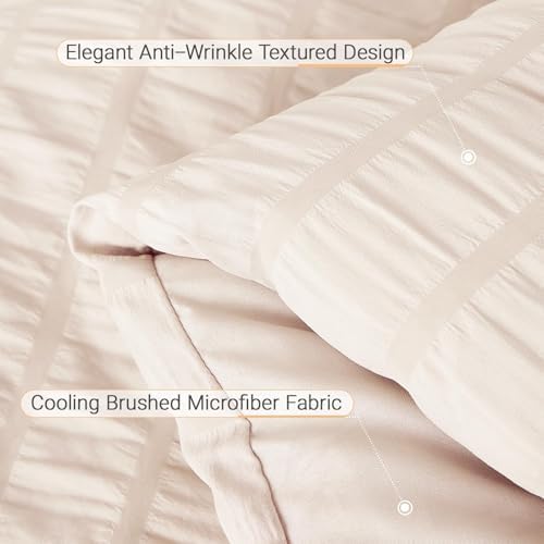 MUXHOMO 7 Pieces Oversized King Comforter Set, Seersucker Bed in a Bag Oversized King Size, All Season Luxury Bedding Set with Comforter, Flat Sheet, Fitted Sheet, Pillowcases & Shams, Beige