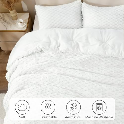 BEDELITE Fluffy King Comforter Set, Bright White Fleece Bed Set 3 Pieces