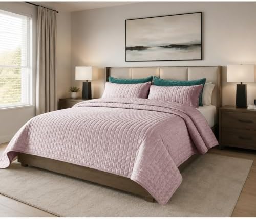 Quilt Set California King Size 106x118 Luxurious Velvet Bedding Sets with 2 Pillow Shams 20x36 3 Pieces Ultra Soft Quilted Bedspread Coverlet Comforter for All Season, Pink
