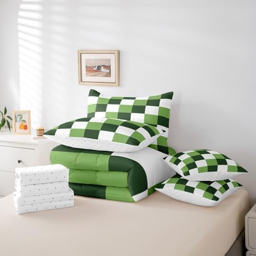 jejeloiu Green White Comforter Set with Sheets 7 Piece Queen Size