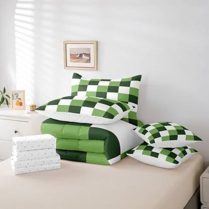 jejeloiu Green White Comforter Set with Sheets 7 Piece Queen Size