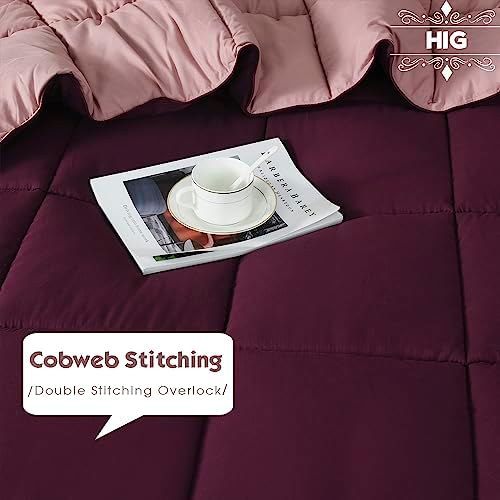 HIG 3pc Plum Queen Comforter Set - All Season Reversible Down Alternative Comforter with Two Shams - Quilted Duvet Insert with Corner Tabs - Box Stitched - Breathable, Soft, Fluffy