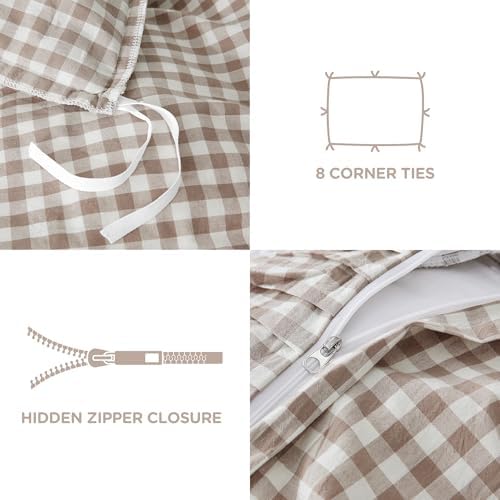 ATsense Tan Gingham Ruffle Duvet Cover Bedding Set Cotton Like Linen, Full