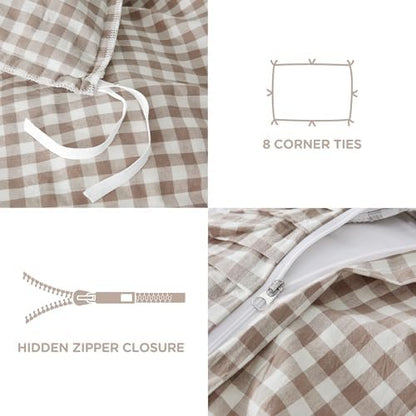 ATsense Tan Gingham Ruffle Duvet Cover Set Cotton Like Linen, Cal King