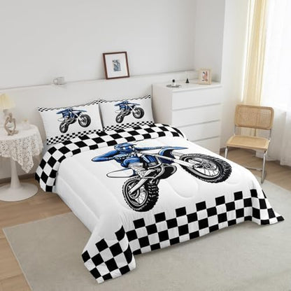 Feelyou Dirt Bike Bedding Set Kids Boys Girls Queen Size Racing Motocross Rider Comforter Set Teen Adult Ultra Soft Black and White Check Comforter Extreme Sports Duvet Quilt Motorcycle Racer Quilt
