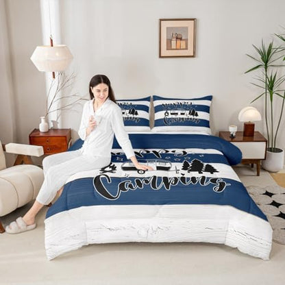 Happy Camping Comforter Set Twin Size,Camper RV Trailer Decor Bedding Set 2pcs for Kids Boys Girls Adults,Rustic Farmhouse Wooden Plank Down Comforter,Blue White Retro Duvet Insert,1 Pillowcase