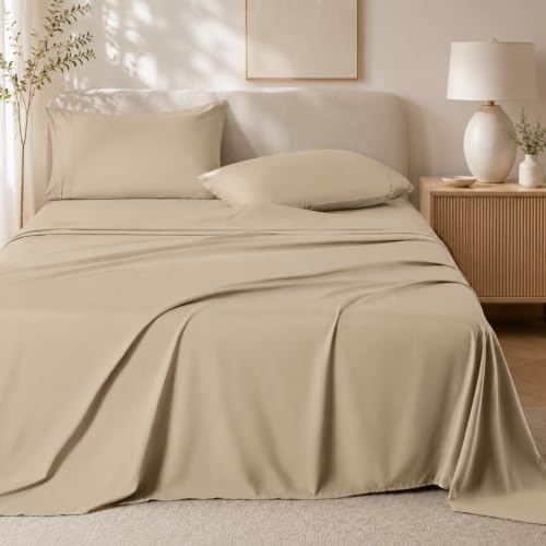 Sand Color King Size Sheet Set, Pre-washed Microfiber Cotton-Like 4 Pcs Ultra Soft Bedding Set King, Breathable Cooling Skin-Friendly All Seasons, 1 Fitted, 1 Flat, 2 Pillowcases (Sand, King)