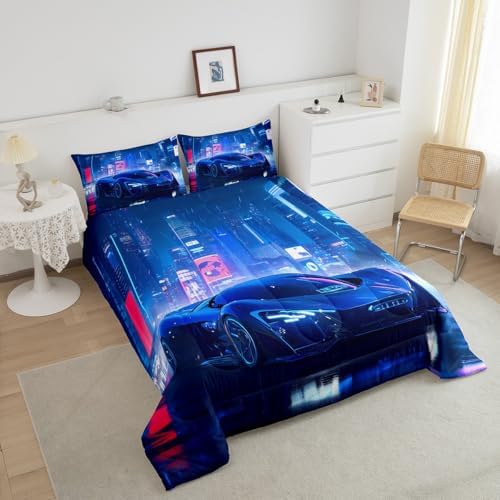 Feelyou City Racing Car Bedding Set Toddle Size Blue Sport Car Comforter Set for Adult Kids Boys Teens Fast and Furious Duvet Set Luxury Car Quilt Set 2Pcs