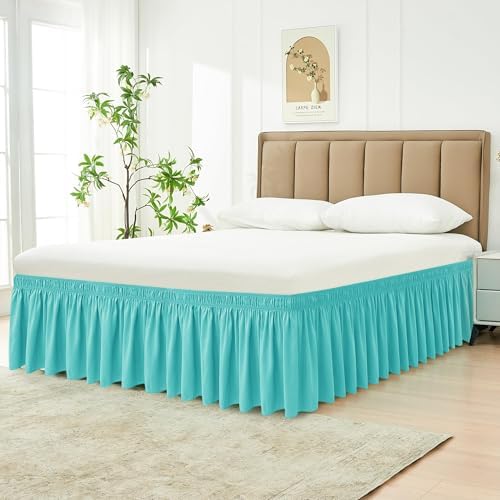 Wrap Around Bed Skirt King Size 16 Inch Drop-Elastic Dust Ruffle Aqua