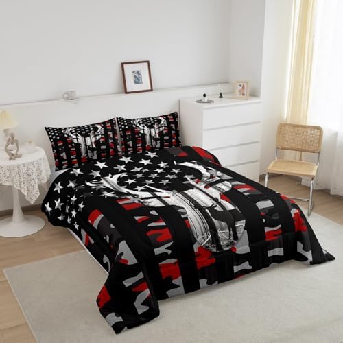 Camo American Flag King Size Comforter Sets for Kids,Deer Antlers Red Camouflage Bedding Flags for Room Teens,Wild Animal Hunting Farm Branches Leaves Stars Stripes USA Flag Down Comforter