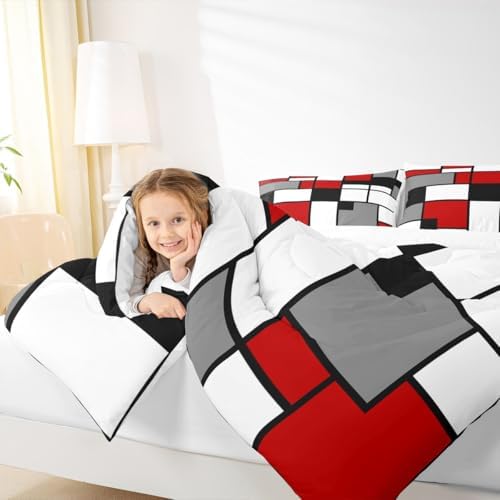 Gray Black Red White Square Comforter Set Queen Boys Teens Geometric Grid Room Decor Fashion Color Bedding Set,Soft Lightweight Modern Abstract Duvet,Youth Young Man Quilt,1 Comforter + 2 Pillowcase